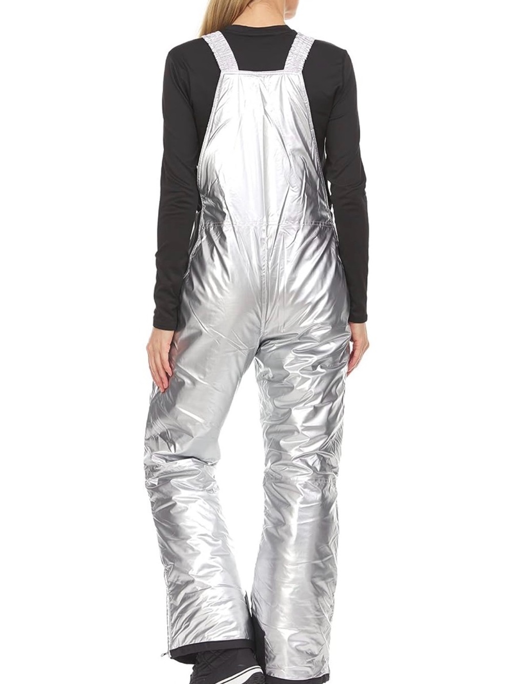 Silver Metallic Insulated Snow Bib Overalls for Women Size L Futuristic Y2K - Picture 3 of 15